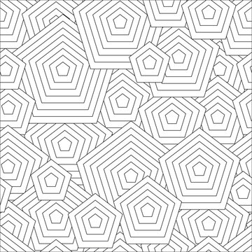 Black and white seamless pattern for coloring book in doodle style. Polygons, pentagon.