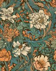 Fototapeta premium Seamless pattern with beautiful flowers in neutral pastel colors, generative ai