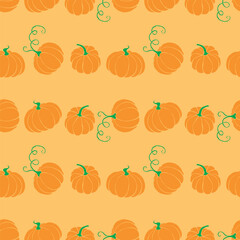 Vector seamless pattern with orange pumpkins in flat style. Halloween or thanksgiving background and texture.