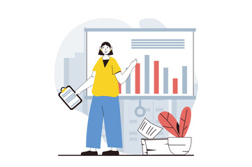 Data analysis concept with people scene in flat design for web. Woman working with charts and making presentation of earnings data. Vector illustration for social media banner, marketing material.
