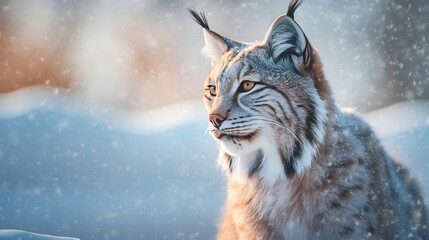Lynx, winter wildlife. Cute big cat in habitat, cold condition. Snowy forest with beautiful animal wild lynx, Poland. Eurasian wild cat in the forest with snow, copy space, blue, AI Generated.