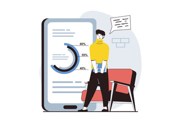Data analysis concept with people scene in flat design for web. Man working with financial data and making report of accounting profit. Vector illustration for social media banner, marketing material.