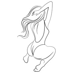 Line drawing of a sexy young woman in a piece swimsuit sitting with her back in a beautiful pose.black and white vector drawing sketch. Abstract girl model with long hair and swimsuit