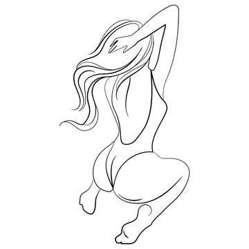 recommend clip art: Line drawing of a sexy young woman in a piece swimsuit sitting with her back in a beautiful pose.black and white vector drawing sketch. Abstract girl model with long hair and swimsuit
