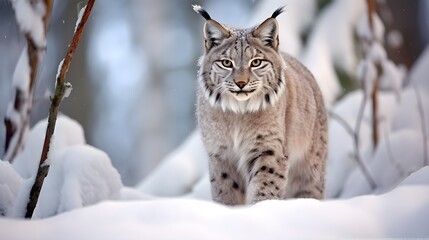 Fototapeta premium Lynx, winter wildlife. Cute big cat in habitat, cold condition. Snowy forest with beautiful animal wild lynx, Poland. Eurasian wild cat in the forest with snow, copy space, blue, AI Generated.