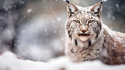 Lynx, winter wildlife. Cute big cat in habitat, cold condition. Snowy forest with beautiful animal wild lynx, Poland. Eurasian wild cat in the forest with snow, copy space, blue, AI Generated.