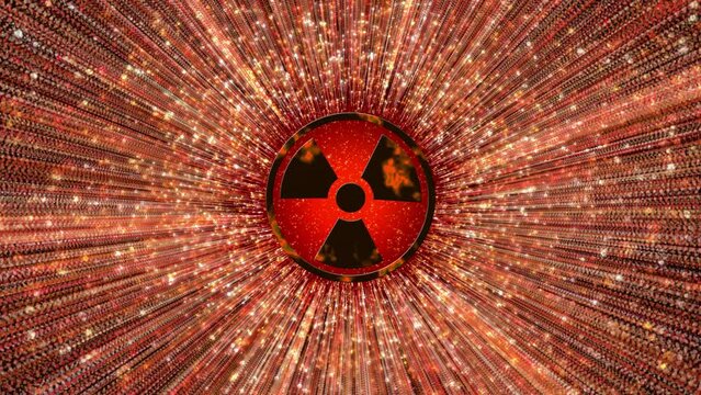 Red radioactive animated screensaver with logo. Nuclear energy setting icon animation with bright glowing moving particles. Loop motion graphic.