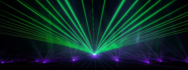 Lasershow background banner - Closeup of colorful green purple laser beams rays in a club, disco, nightclub or on a festival, in the dark black night (Generative Ai)