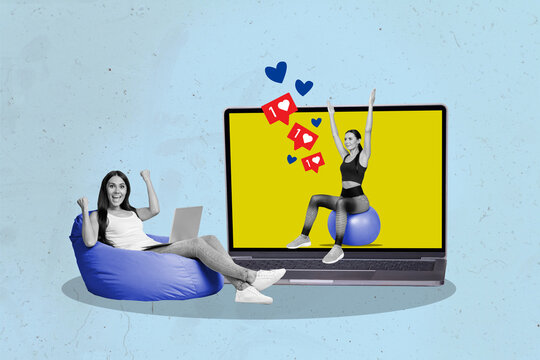 Collage picture illustration of funny young sportswoman fists hooray watching her own blog popularity likes isolated on blue background