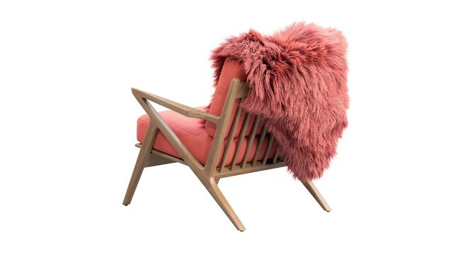 Circular animation of mid-century pink fabric upholstery apartment chair with fur plaid. Wooden base chair on white background. Mid-century, Modern, Scandinavian interior. 3d render