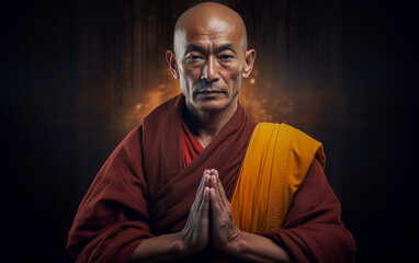 Buddhist monk in meditation pose over black background - obrazy, fototapety, plakaty
