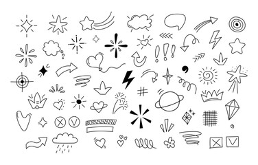 Fototapeta na wymiar Cute emphasis doodle set. Simple sketch line elements. Doodle hearts, arrows, stars, clouds decorations