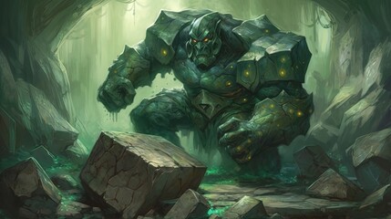 Obraz na płótnie Canvas Green stone creature. Green monster in cave. Generative AI