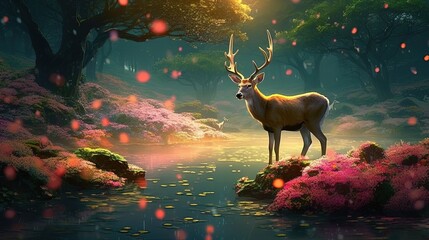 Deer in magical forest. Generative AI