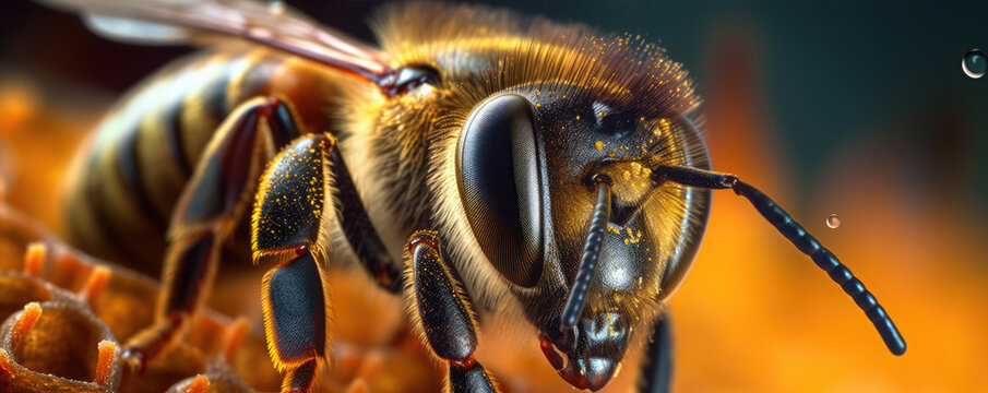 Macro image of a bee collecting honey, generative ai