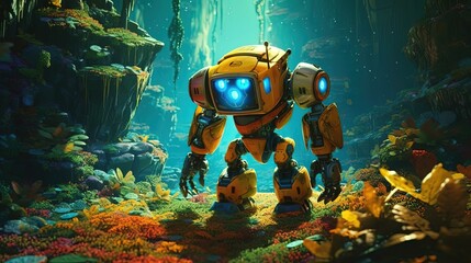 Cartoon robot character exploring undersea world. Generative AI