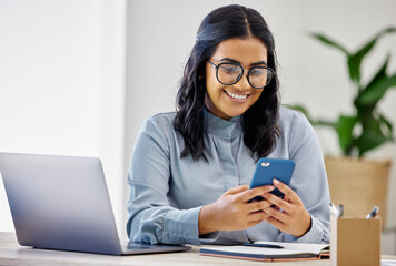 Phone, office or happy woman on social media in online conversation, typing sms or checking email....
