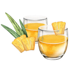 Glasses of pineapple juice with pineapple slice and tropical leaves. Exotic drink in a glass. Watercolor illustration isolated on white background for menu design, packaging.