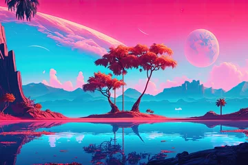 Poster Breathtaking fantasy landscape of pinkish extraterrestrial planet. Generative AI © Soulmate