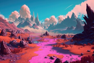 Breathtaking fantasy landscape with pink river. Generative AI