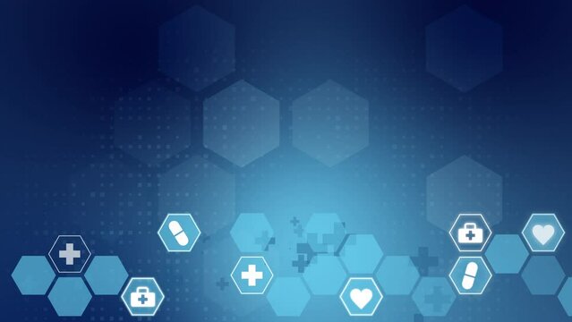 Healthcare animation with medical icons and hexagon grid. Glowing hospital symbols. Abstract looped blue background.