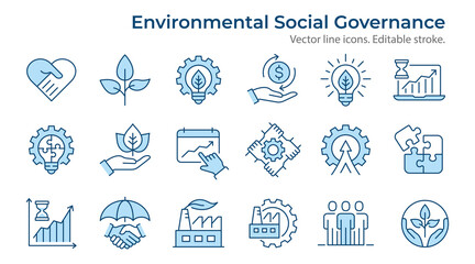 ESG flat icons, such as environment social governance, risk management, financial performance, sustainable developmen and more. Editable stroke. - 619765092