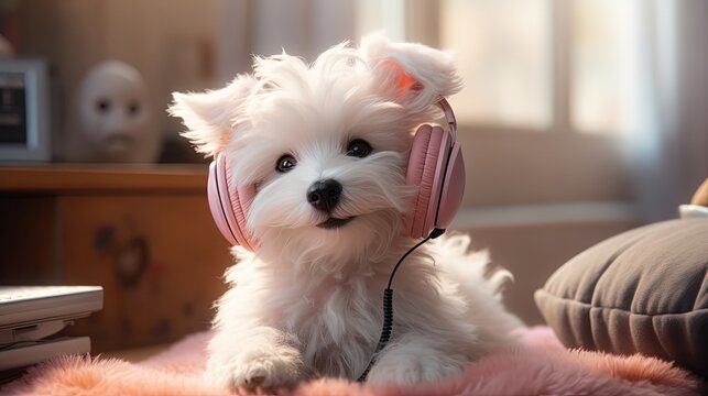 Cute cartoon white baby dog character in pink headphones. Generative AI