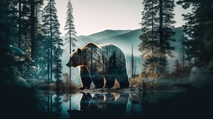 Double exposure of a bear and a forest. Generative AI
