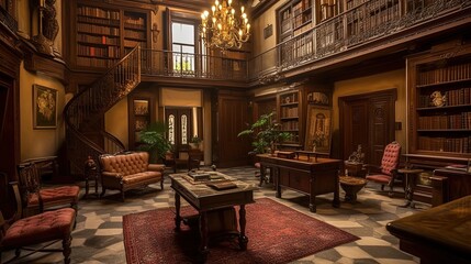 Fototapeta premium A grand library with towering bookshelves. Generative AI