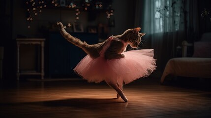 Cat ballerina in a pink tutu dancing in a room. Generative AI