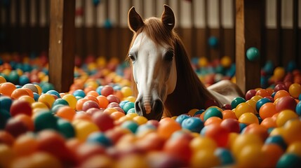 Horse in a kids ball pit. Generative AI - obrazy, fototapety, plakaty