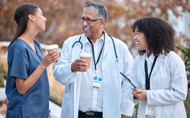 Coffee break, talking and doctors for healthcare planning, happy conversation and outdoor advice...
