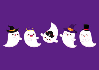 Cute ghost floating with Halloween pumpkin basket for Trick or Treat. Funny spooky boo character. Spook phantom with happy smiling face expression. Isolated kids flat vector illustration.