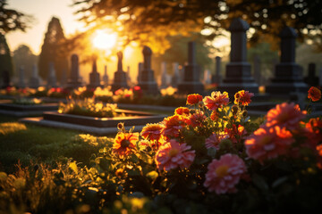 a serene cemetery at sunset, with gravestones casting long shadows and flowers adorning the tombstones, evoking a sense of tranquility and remembrance. Generative AI