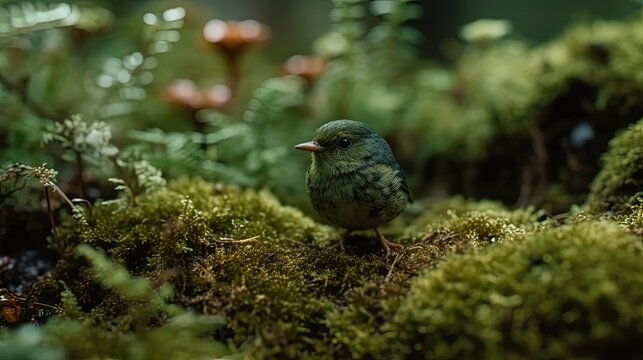 Cute shamrock bird in a mossy forest. Little green bird. Generative AI