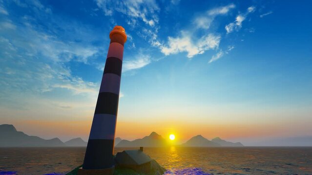 Coastal lighthouses illuminate the distance at dusk and sunset.