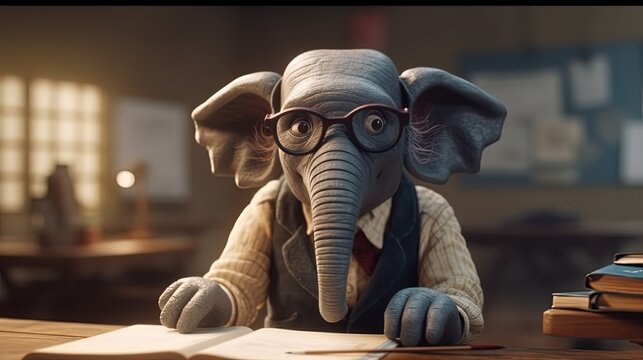 Cartoon Elephant In Glasses Dressed As Professor. Cartoon Elephant Character. Generative AI