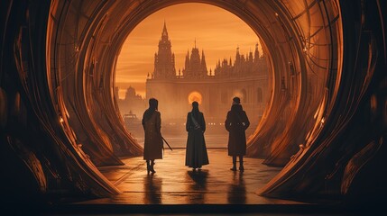 Three person figures in cloaks standing in a building arch with ancient architecture. People standing in arch watching view of a fantastic world. Generative AI