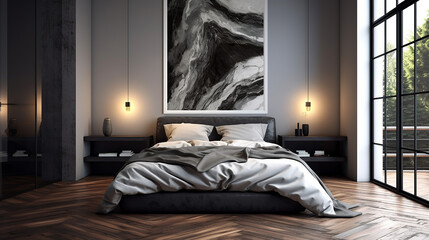 gray sleeping quarters Dark wood floor with a bed. Generative AI.