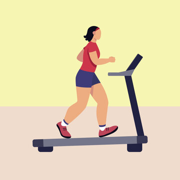 Strong female performing workout on treadmill. Time for cardio exercises in gym. Morning workout to loss weight. Active and healthy lifestyle. Vector flat illustration in blue and yellow colors