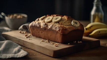 Banana bread on a wooden cooking board. Bakery. Generative AI