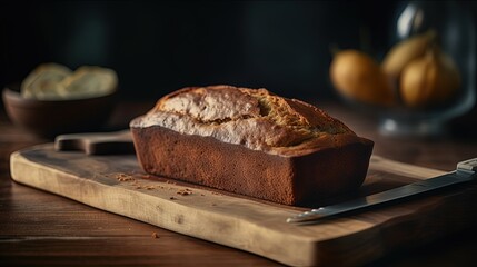 Banana bread on a wooden cooking board. Bakery. Generative AI