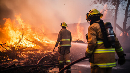 Naklejka premium A team of firefighters in action, battling a blaze and protecting the community Generative AI