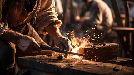 A close-up of a blacksmith forging a piece of metal, showcasing the skill and dedication of laborers Generative AI