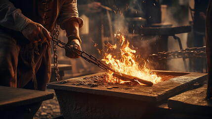 A close-up of a blacksmith forging a piece of metal, showcasing the skill and dedication of laborers Generative AI - obrazy, fototapety, plakaty