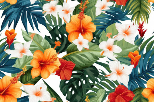 tropical flowers and palm leaves seamless background illustration Generative AI