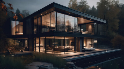 Obraz premium A house in nature by a river