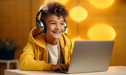 smiling boy using a laptop and wearing headphones