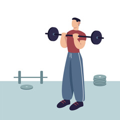 Fototapeta na wymiar Man in sporty clothes doing barbell exercise. Concept of regular physical activity. Joining healthy lifestyle. Time for morning training. Vector illustration in blue colors
