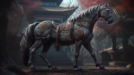 Fantasy black horse statue on background with temple. Generative AI